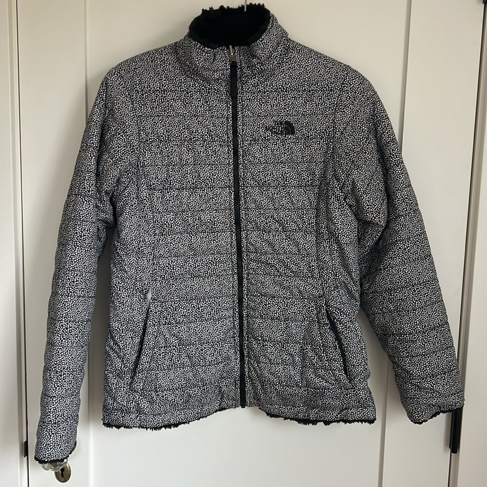 🛍️ The North Face Mossbud reversible girls jacket XL (18) black faux fur dot - Picture 2 of 9